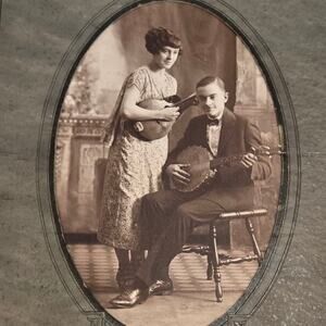 Antique Studio Photo Musical Duo Couple Banjo Mandolin Guitar Edwardian Fashion